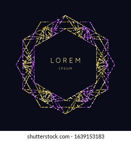 Geometric shapes of lines lined with sparkling particles. Beautiful trendy glitter on a dark background. Element and template for the design. Vector illustration.