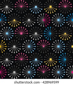 Geometric shapes of lines rays forming a circle in white, blue, purple, yellow  colors. A seamless pattern on a black background.