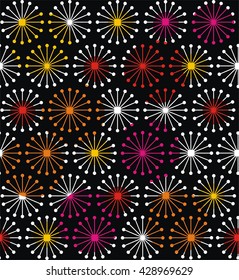 Geometric shapes of lines rays forming a circle in red, purple, white, orange, yellow colors. A seamless pattern on a black background.