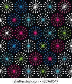 Geometric shapes of lines rays forming a circle in pink, blue, white, orange, yellow, green colors. A seamless pattern on a black background.