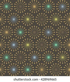 Geometric shapes of lines rays forming a circle in  beige, blue, white, yellow, green colors . A seamless pattern on a beige background.