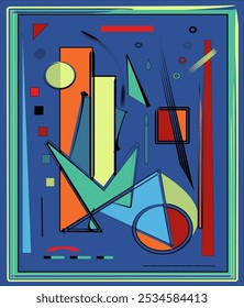 formas e linhas geométricas são definidas contra um fundo azul. A composição inclui círculos, retângulos e triângulos em cores brilhantes como laranja, verde e amarelo.