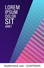 Geometric shapes with lines texture vector cover. Rectangle leaflet box card. Scientific magazine concept. Marketing brochure cover design. Colorful halftone gradients for web.
