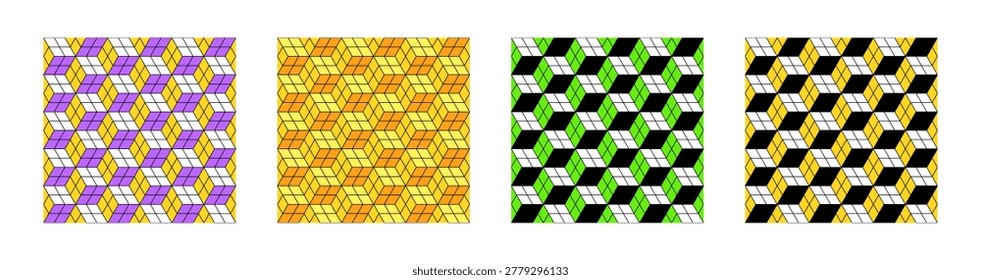 Geometric shapes made of cubes are arranged neatly in a grid format