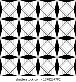 Geometric shapes made of stripes. Black and white color. Simple design in geometric composition. Seamless pattern. Vector illustration for web design or print. 
