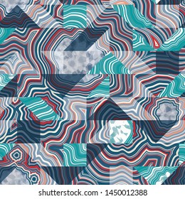 Geometric Shapes Mashed Up With Infinite Agate Geode Seamless Repeat Vector Pattern Swatch. Bands and crystal centers. Abstract, natural, contours, raw, earth, stone, rock, mineral, nature, random.