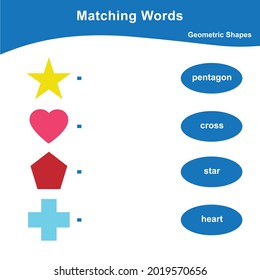 Geometric shapes Matching words worksheet. Matching Words Game. Educational children game for learning geometric forms. Printable worksheet. Vector illustration in cartoon style. 