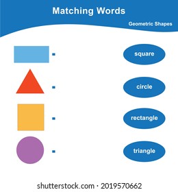 Geometric shapes Matching words worksheet. Matching Words Game. Educational children game for learning geometric forms. Printable worksheet. Vector illustration in cartoon style. 