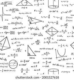 Geometric shapes with mathematical formulas seamless pattern. Handwritten algebraic calculations on white surface trigonometric with computation education drawings basic theorem. Vector knowledge.