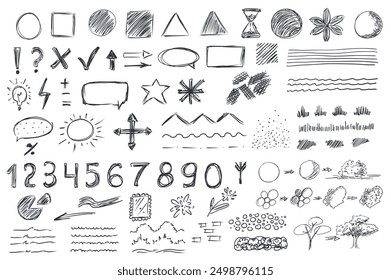 Geometric shapes mega set elements in hand drawn flat graphic design. Bundle objects of circles, squares, triangles, flowers, marks, cross, tick, arrows, speech bubble and other. Vector illustration.