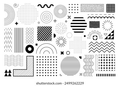 Geometric shapes mega set elements in flat graphic design. Bundle objects of circles, squares, triangles, hexagons with halftone, dots and lines pattern, waves and curve lines. Vector illustration.