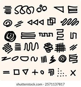 Geometric shapes mega set elements in flat graphic design. Bundle objects of circles, squares, triangles, hexagons with halftone, dots and lines pattern, waves and curve lines