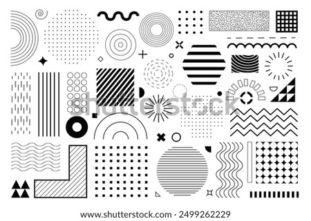 Geometric shapes mega set elements in flat graphic design. Bundle objects of circles, squares, triangles, hexagons with halftone, dots and lines pattern, waves and curve lines. Vector illustration.