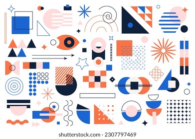 Geometric shapes mega set graphic elements in flat design. Bundle of squares, curl lines, circles, stars, triangles, arrows and other simple forms and composition. Vector illustration isolated objects