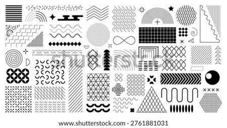 Geometric shapes mega set of minimal graphic elements. Bundle objects with halftone, dots and lines pattern, waves and curve lines. Vector illustration.	
