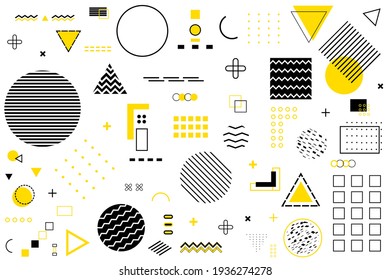 Geometric shapes memphis design. Retro elements for web advertisement, commercial banner, wallpaper, cover, poster, leaflet, billboard. Yellow, black and white collection vector geometric shapes set