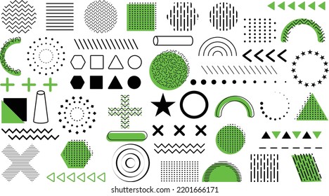 Formas geométricas. Diseño de Memphis, elementos retro para la revista, publicidad, web, banner comercial, cartel, afiche, 
prospecto, venta. Colección de formas geométricas vectoriales de medio tono de moda.