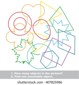 Geometric shapes mishmash colorful set in vector. Find all hidden objects on the picture. Find one unfit object. Visual game for children.