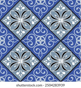 Geometric shapes mixed floral pattern and flower on blue background 