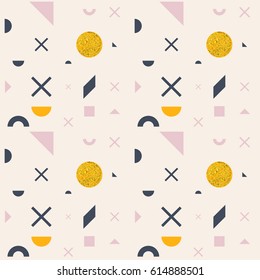 
Geometric shapes, modern vector seamless pattern with circles, squares, semicircles and crosses.