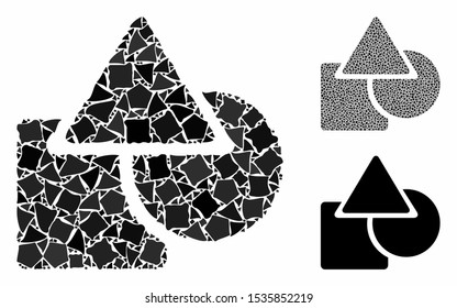 Geometric shapes mosaic of unequal elements in variable sizes and color tints, based on geometric shapes icon. Vector irregular items are combined into collage.
