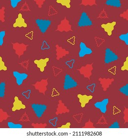 Formas geométricas con varios colores dispersos en un cuadrado rojo, diseño de vectores de patrones repetidos sin fisuras