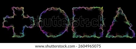 Geometric shapes with multi-colored wave lines that create an effect of energy and movement. Abstract digital style reminiscent of light pulses or dynamic spectra.