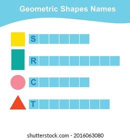 Geometric shapes name worksheet. Different shapes. Educational children game for learning geometric forms. Printable math worksheet. Vector illustration in cartoon style. 