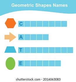 Geometric shapes name worksheet. Different shapes. Educational children game for learning geometric forms. Printable math worksheet. Vector illustration in cartoon style. 