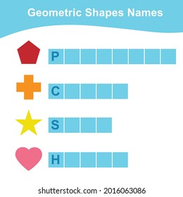 Geometric shapes name worksheet. Different shapes. Educational children game for learning geometric forms. Printable math worksheet. Vector illustration in cartoon style. 