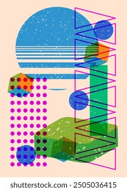 Geometric shapes. Object in trendy riso graph design. Geometry elements abstract risograph print texture style.