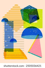 Geometric shapes. Object in trendy riso graph design. Geometry elements abstract risograph print texture style.