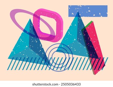 Geometric shapes. Object in trendy riso graph design. Geometry elements abstract risograph print texture style.