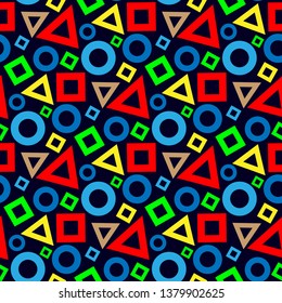 Geometric shapes on a dark blue background. Seamless pattern. Vector drawing.