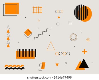 Geometric shapes with orange and black colors. Geometry of circles, squares, rectangles, triangles and parallelograms
