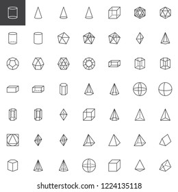 Geometric shapes outline icons set. linear style symbols collection, line signs pack. vector graphics. Set includes icons as Cylinder, Cone, Dodecahedron figure, Hexahedron form, Cube, Tetrahedron