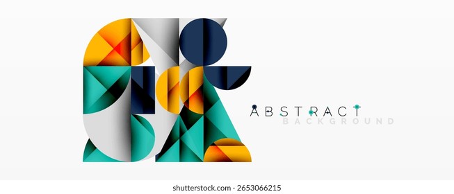 Geometric shapes overlap, creating colorful abstract design. Modern style, vibrant hues, clean lines present visual harmony.