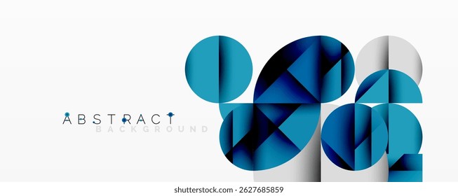 Geometric shapes overlap, creating cool blue tones. Modern design features abstract elements, simple composition. Clean aesthetic.