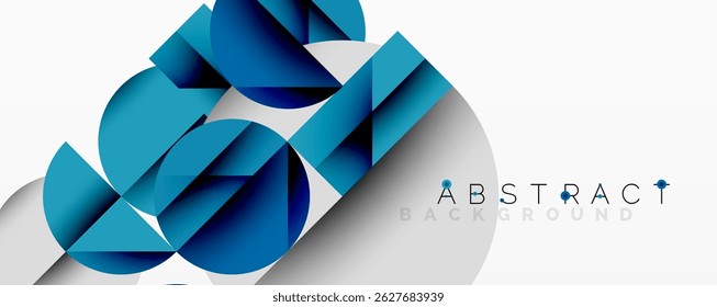 As formas geométricas se sobrepõem, criando gradientes azuis dinâmicos. Design moderno evoca profundidade, textura, interesse visual.