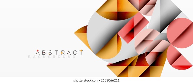Formas geométricas se sobrepõem, criando composição abstrata dinâmica. Cores quentes contrastam tons frios no plano de fundo branco. Elemento de design moderno.