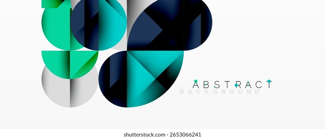 Geometric shapes overlap, creating dynamic composition. Teal, navy, white hues dominate design. Modern aesthetic, clean lines present.