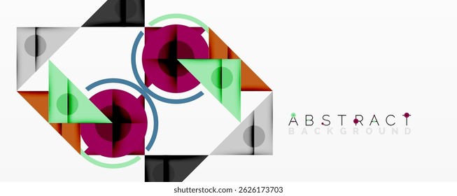 Geometric shapes overlap, creating modern design. Colors include burgundy, orange, teal, gray. Minimalist composition suits backgrounds.