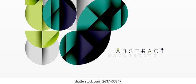 Geometric shapes overlap, creating modern design. Colors include green, blue, yellow, gray. Minimalist aesthetic, clean lines present.
