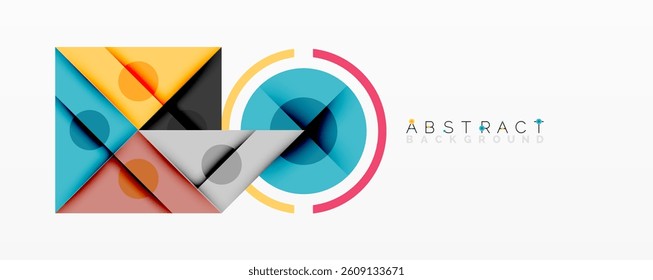Geometric shapes overlap creating vibrant composition. Blue, orange, gray, pink colors dominate design. Modern aesthetic, clean lines, abstract concept.