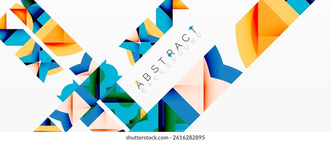 Geometric shapes overlap, creating vibrant abstract background. Orange, blue, peach tones dominate composition. Modern design element.