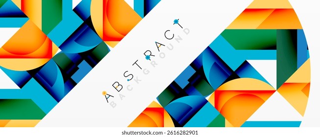 Geometric shapes overlap, creating vibrant design. Orange, blue, green dominate composition. Modern aesthetic, clean lines present.