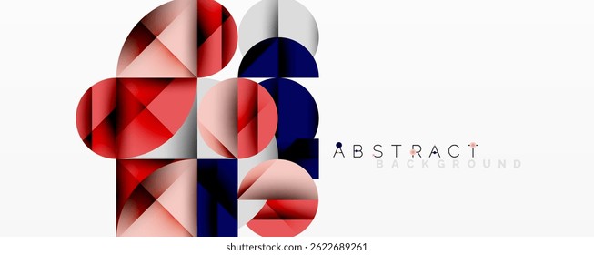 Geometric shapes overlap, creating vibrant red, navy, silver gradients. Modern design with clean lines, minimalist aesthetic.