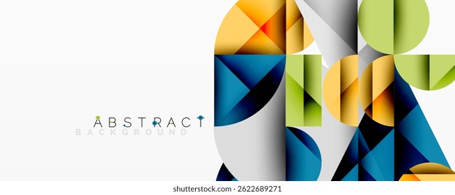 Geometric shapes overlap, creating vibrant color blocks. Modern design features gradients, shadows, clean lines. Minimalist aesthetic.
