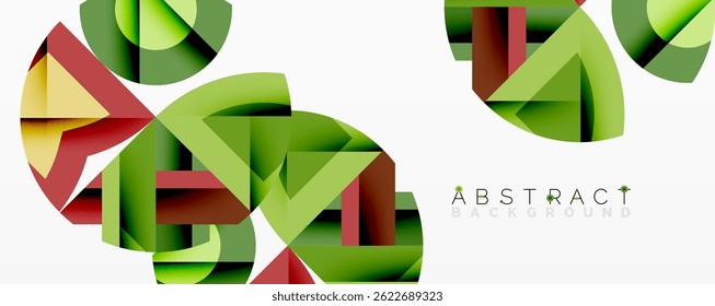 Geometric shapes overlap, creating vibrant abstract composition. Greens, reds, yellows dominate design. Modern aesthetic.