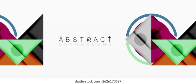 Geometric shapes overlap, creating vibrant abstract design. Colors include purple, orange, green, blue. Minimalist style, modern aesthetic.